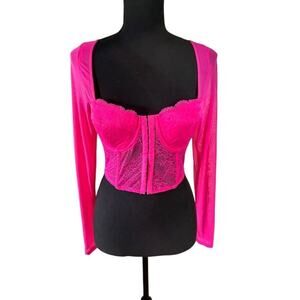 Hot Pink Long Sleeve Mesh Lace Corset Top – Sheer Back – Size XS/S (No Tag)